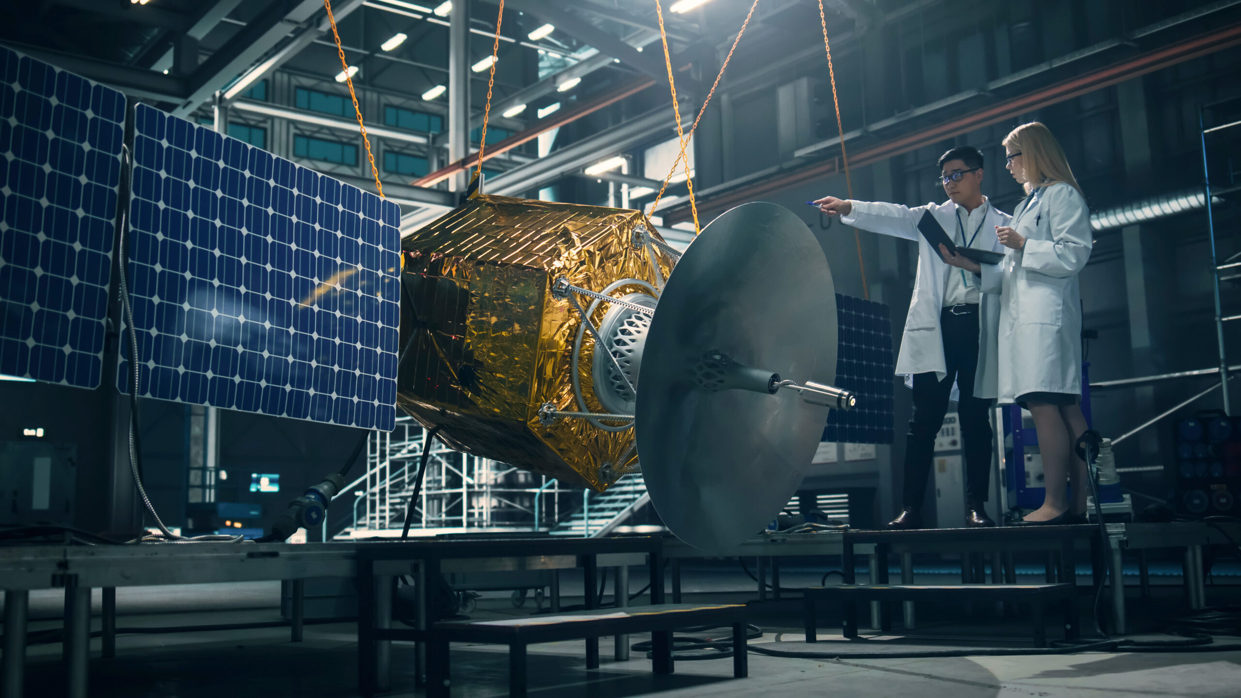 Engineers Inspect Satellites
